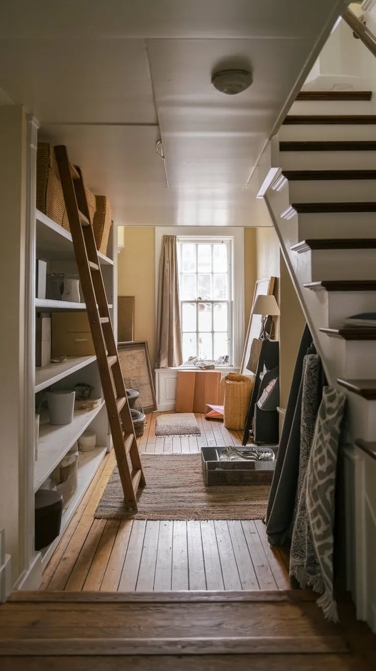 A forgotten, dusty storage room under the stairs holds forgotten treasures and a ladder to somewhere else