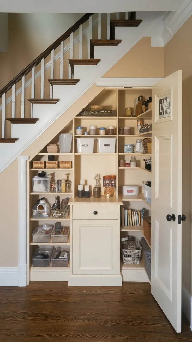 Under-stair storage maximized with a custom-built cabinet, bright lighting, and organized pantry creates a functional and accessible room.