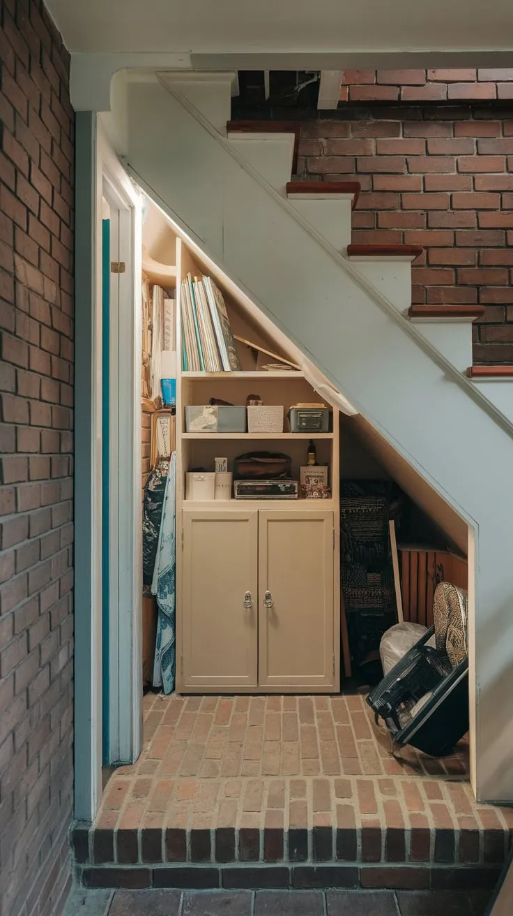 A bright, brick-walled storage room under the stairs boasts a deep shelf, cabinet, and miscellaneous items, accessible via a door.