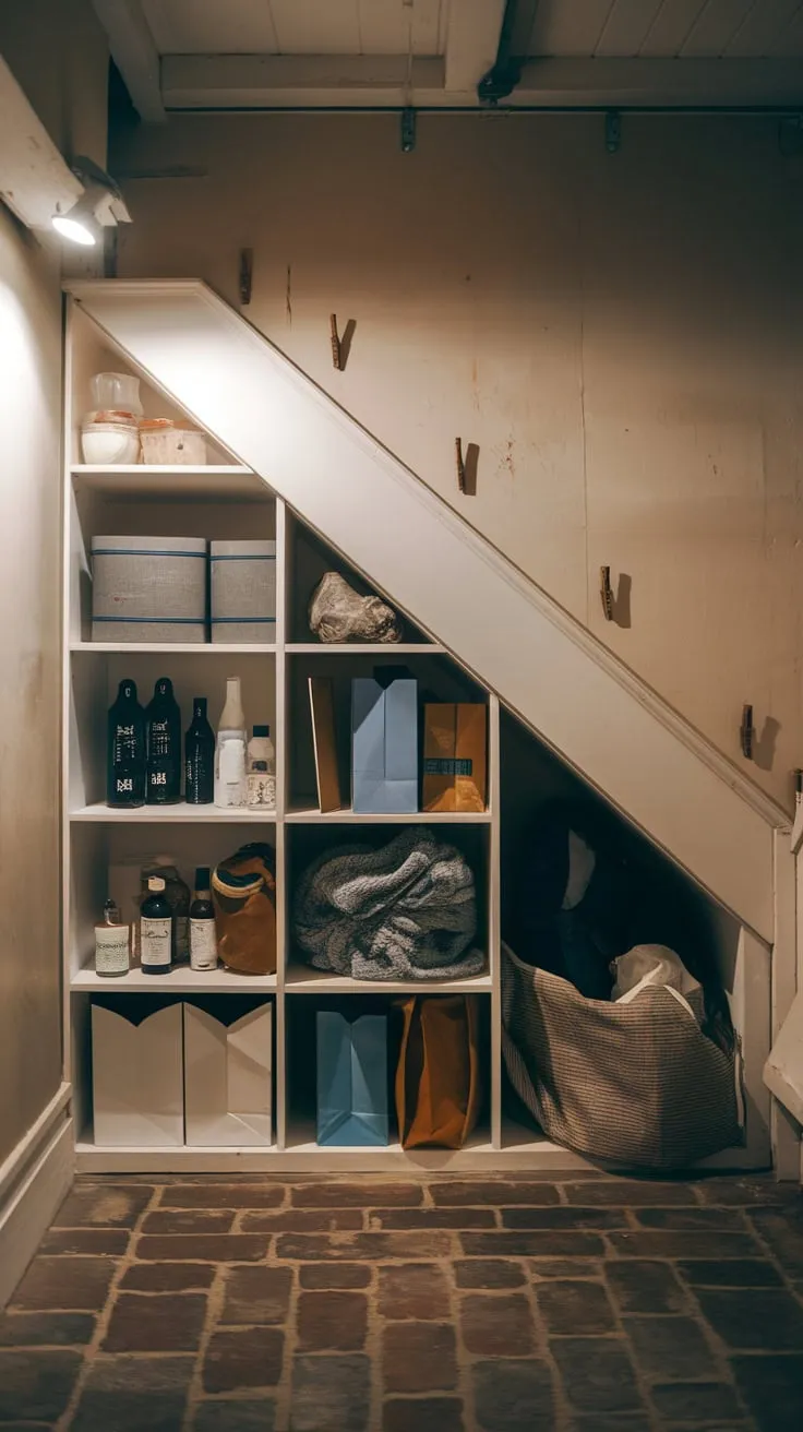 A bespoke under-stairs cabinet illuminates a surprisingly spacious brick-floored storage room packed with boxes, bottles, and bags.