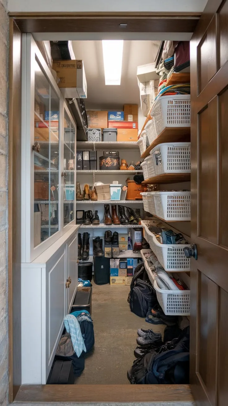 Hidden beneath the stairs lies a cramped storage space brimming with forgotten treasures and everyday clutter.