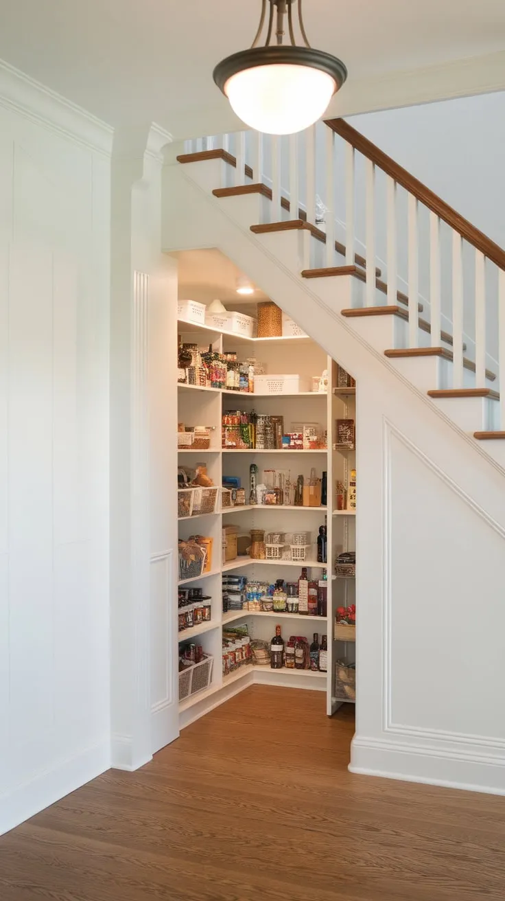 Maximize under-stair space with a charming storage room featuring a deep, adjustable-shelf cabinet and warm wood floors.