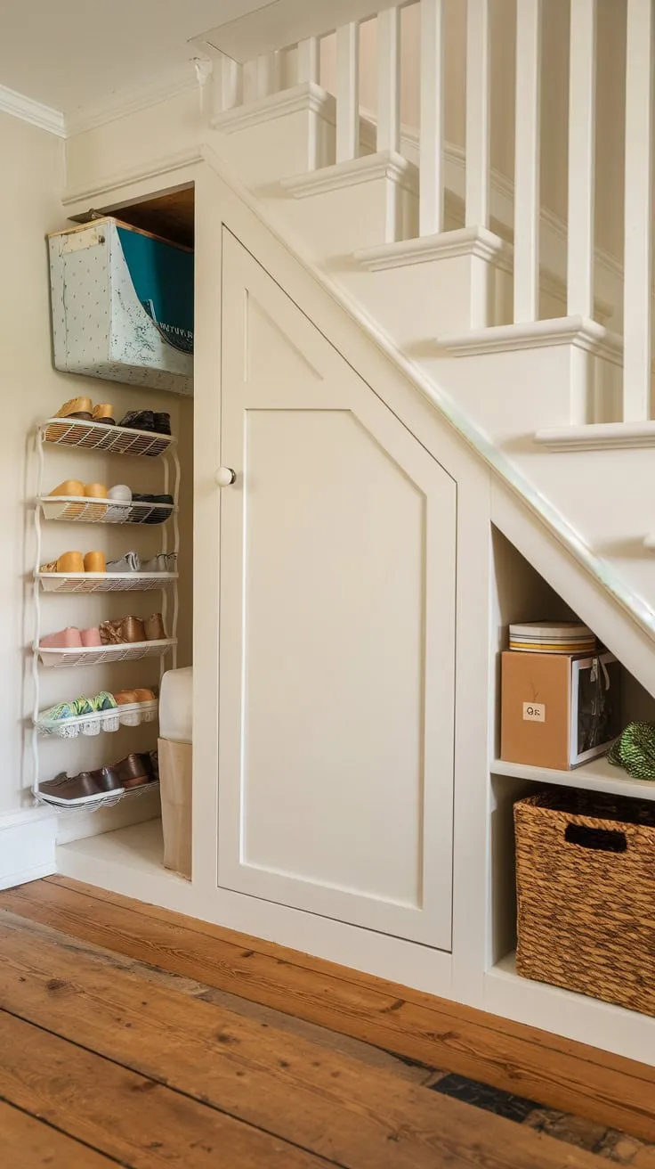 Under-stair space is cleverly maximized with a custom white cabinet and shoe rack, creating efficient and stylish storage.