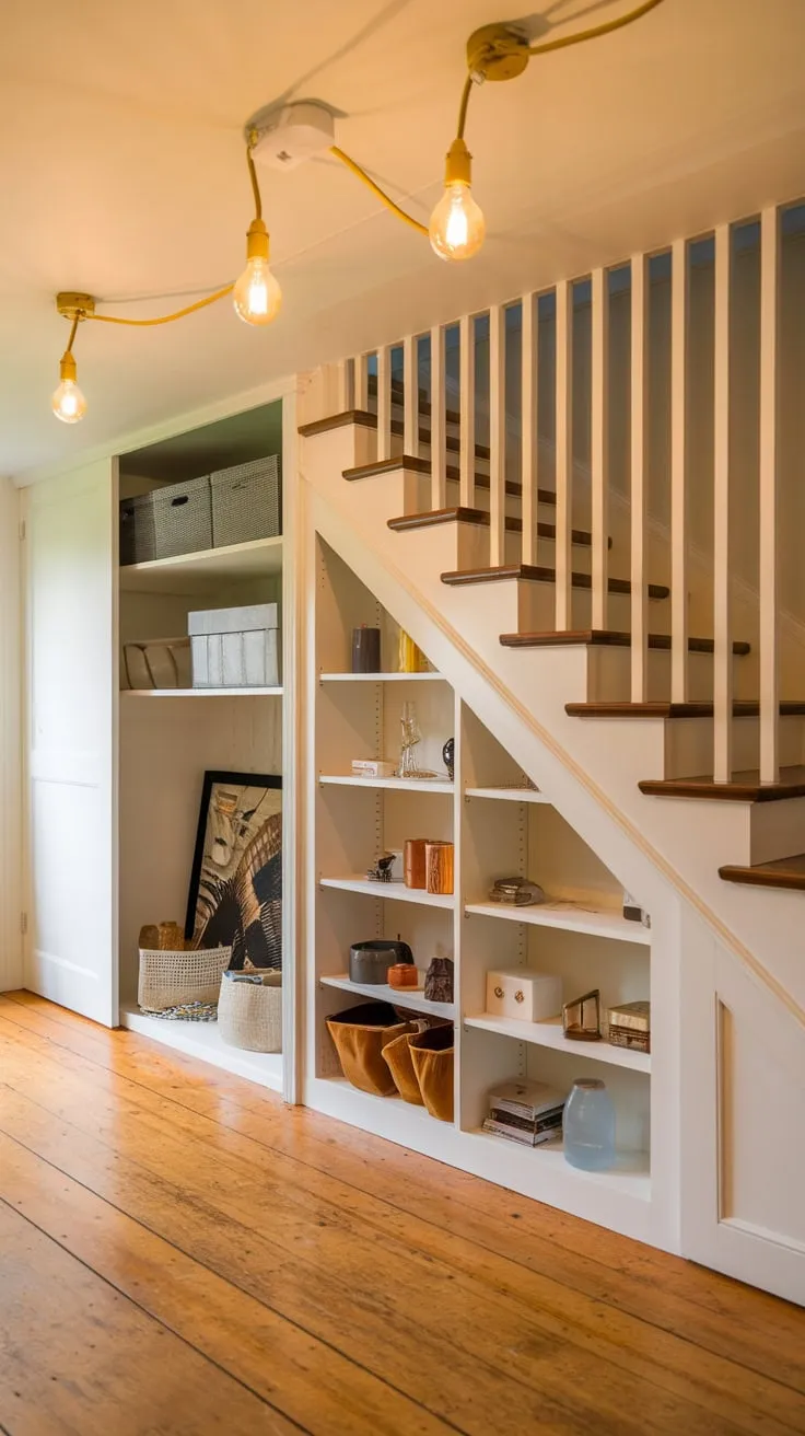 Under-stair storage maximized with a custom white cabinet, extra space, warm lighting, and a wooden floor creates a functional and inviting area.