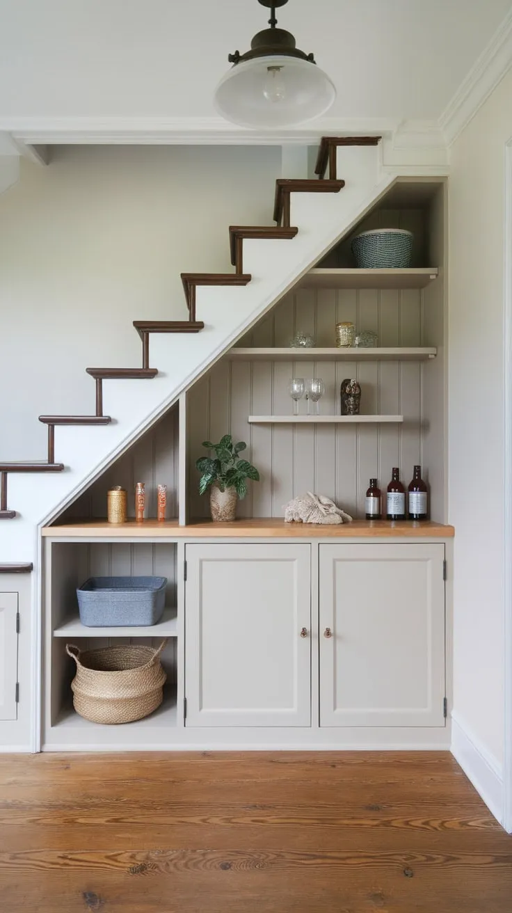 Underneath the stairs, a bright white-walled storage space boasts a custom cabinet, wooden floors, and a curated collection of personal items.