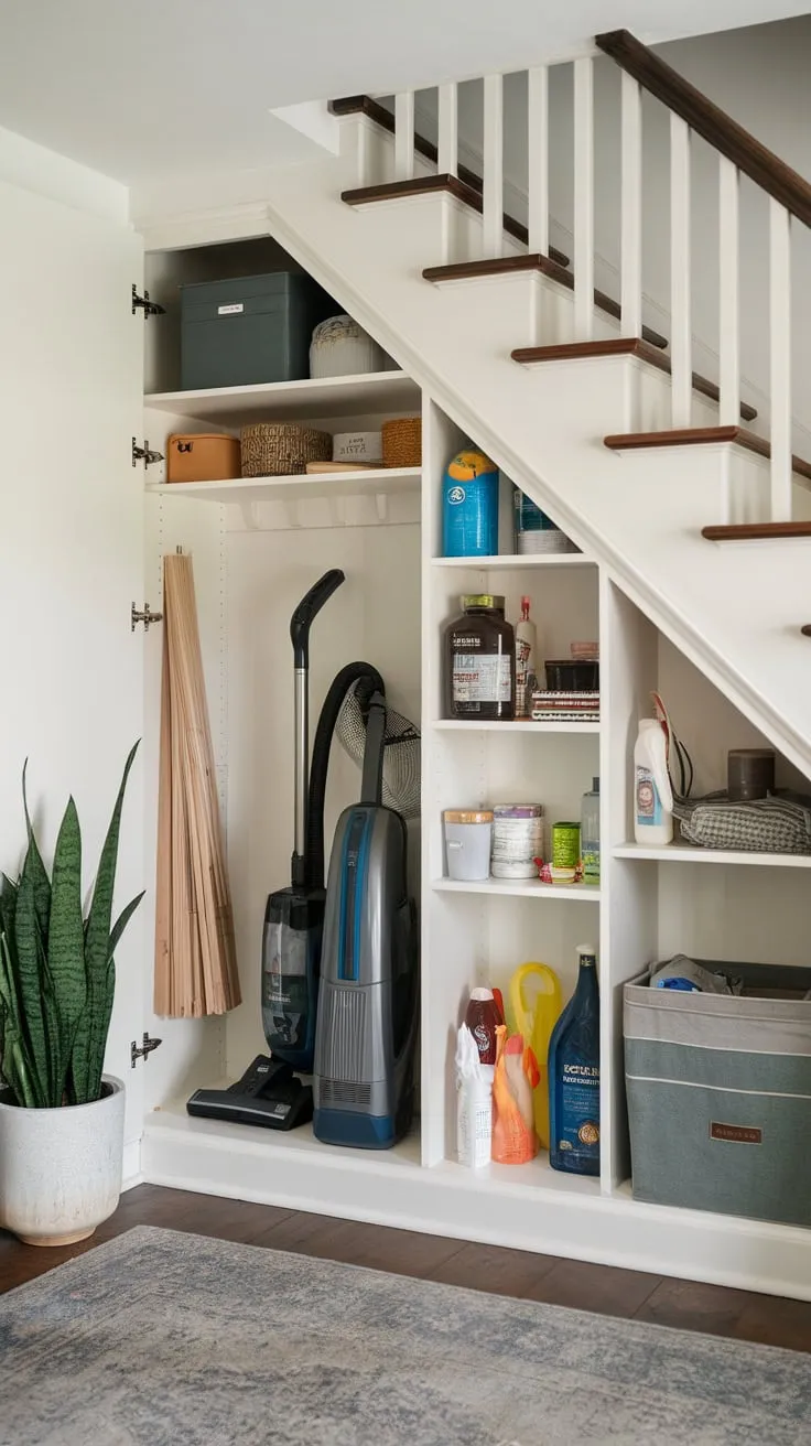 A bespoke white cabinet brimming with cleaning supplies, a vacuum, and even a plant transforms a forgotten under-stairs space into efficient storage