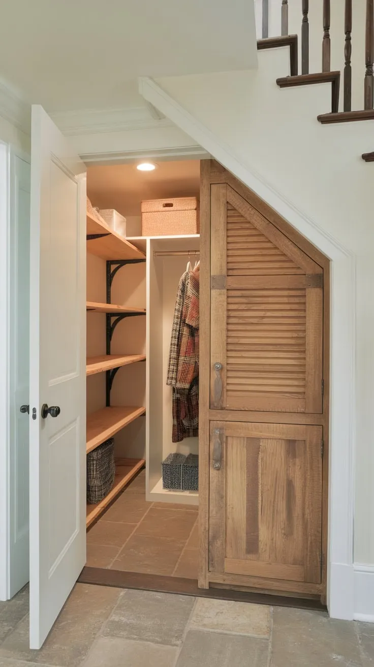 A well-lit under-stairs storage room boasts tiled floors, shelves, a hanging rod, and a wooden cabinet, all accessible through a door.