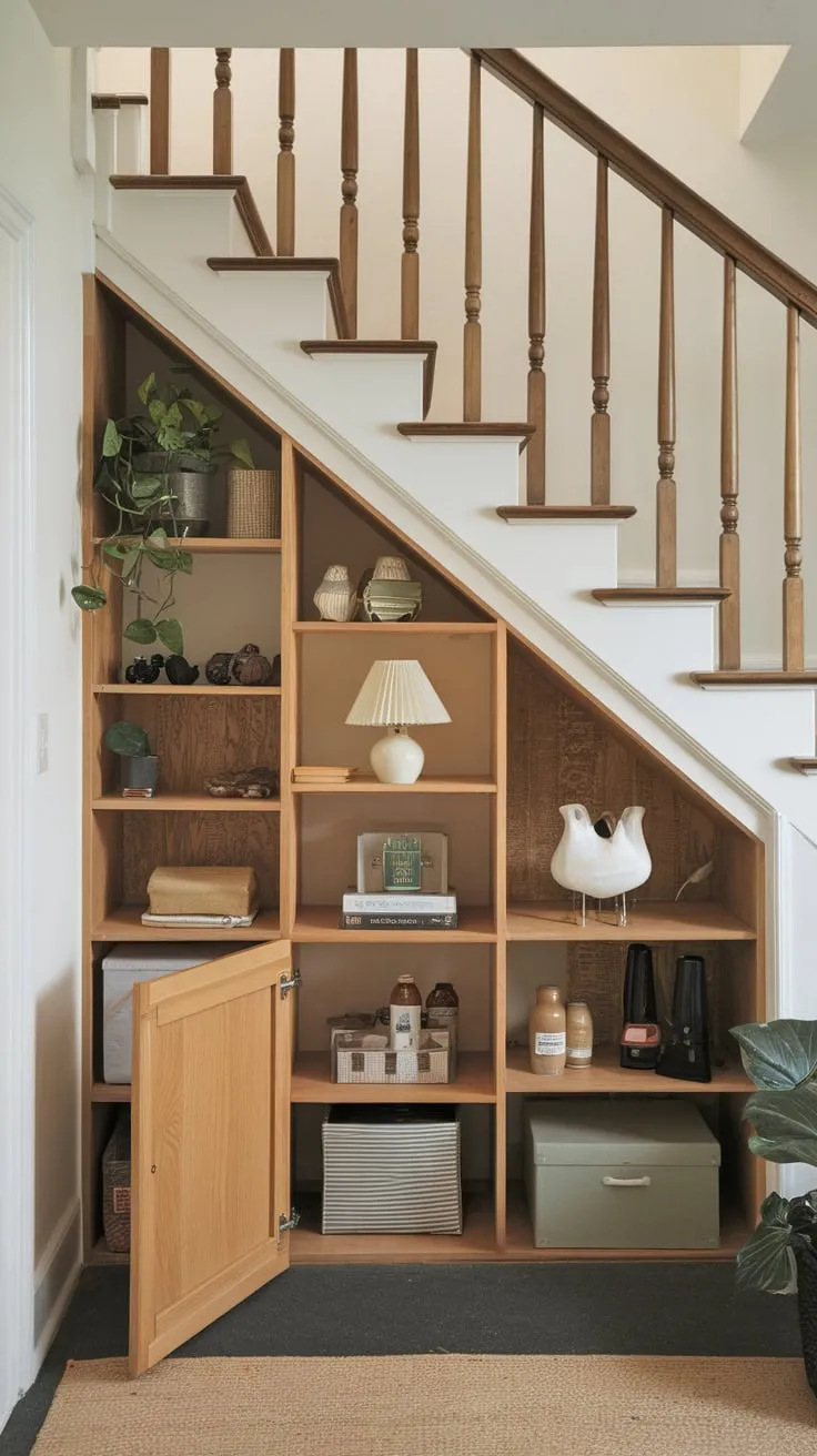 A charming under-stairs storage room boasts a bespoke wooden cabinet, showcasing clever space-saving design and a surprisingly inviting atmosphere