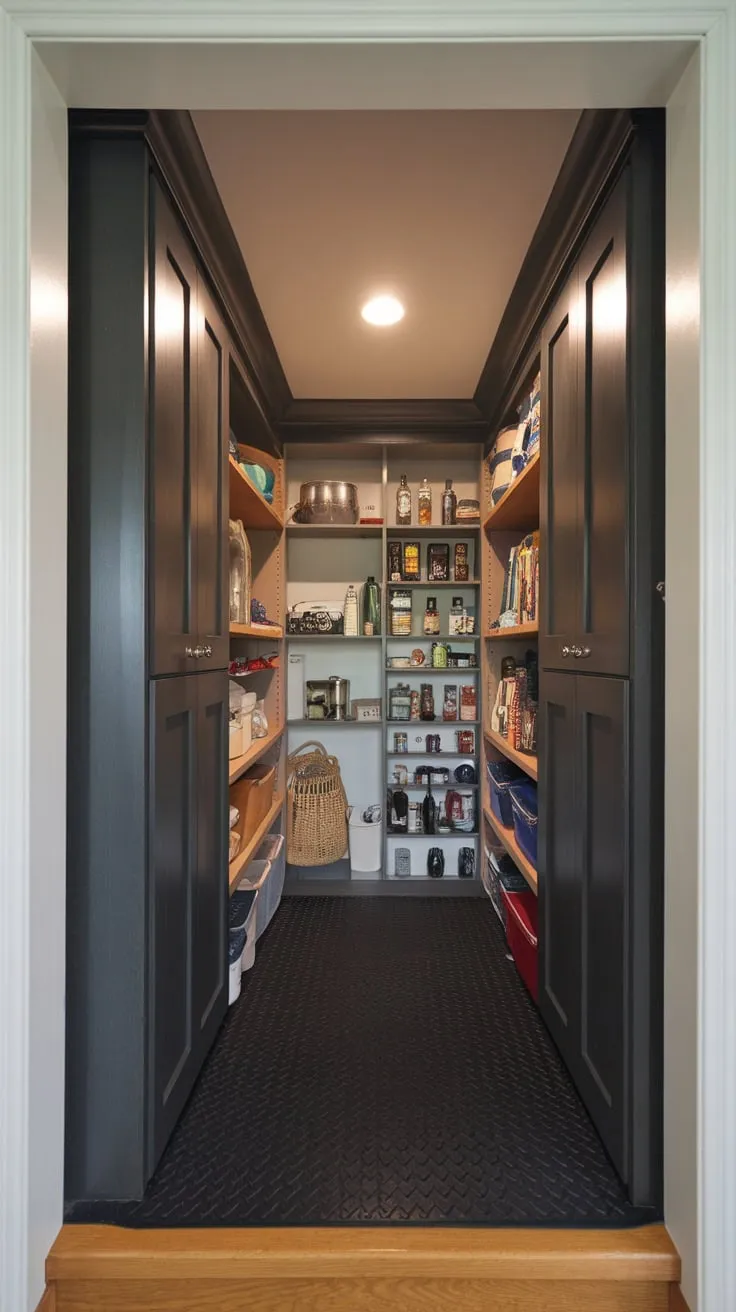 Bespoke under-stair cabinets create a well-lit, efficiently organized storage room with a smooth dark finish and rubber flooring.