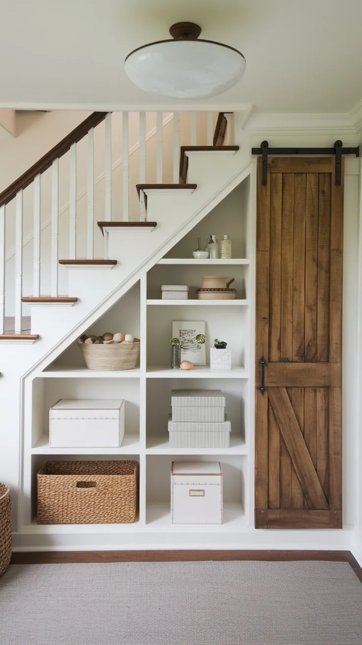 Under-stair space is transformed into a functional and stylish storage solution with a bespoke white cabinet, shelves, and a soft gray rug.