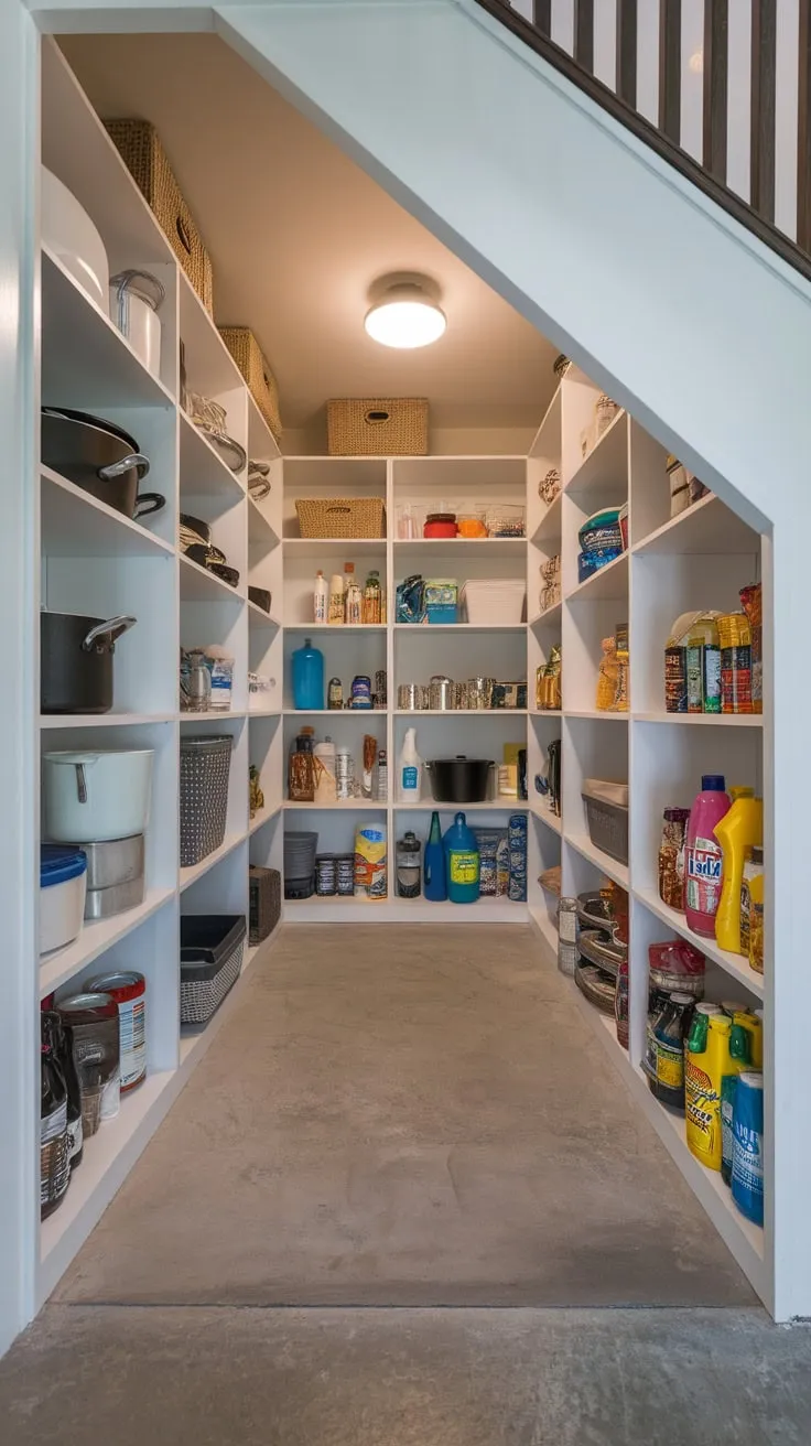 A hidden under-stair storage room boasts a custom-built cabinet system, efficiently storing household items and keeping the space clutter-free and brightly lit.