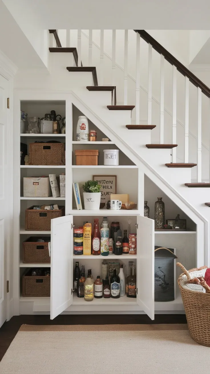 A bespoke under-stair cabinet organizes pantry staples and other belongings within a bright, efficiently-used storage room.
