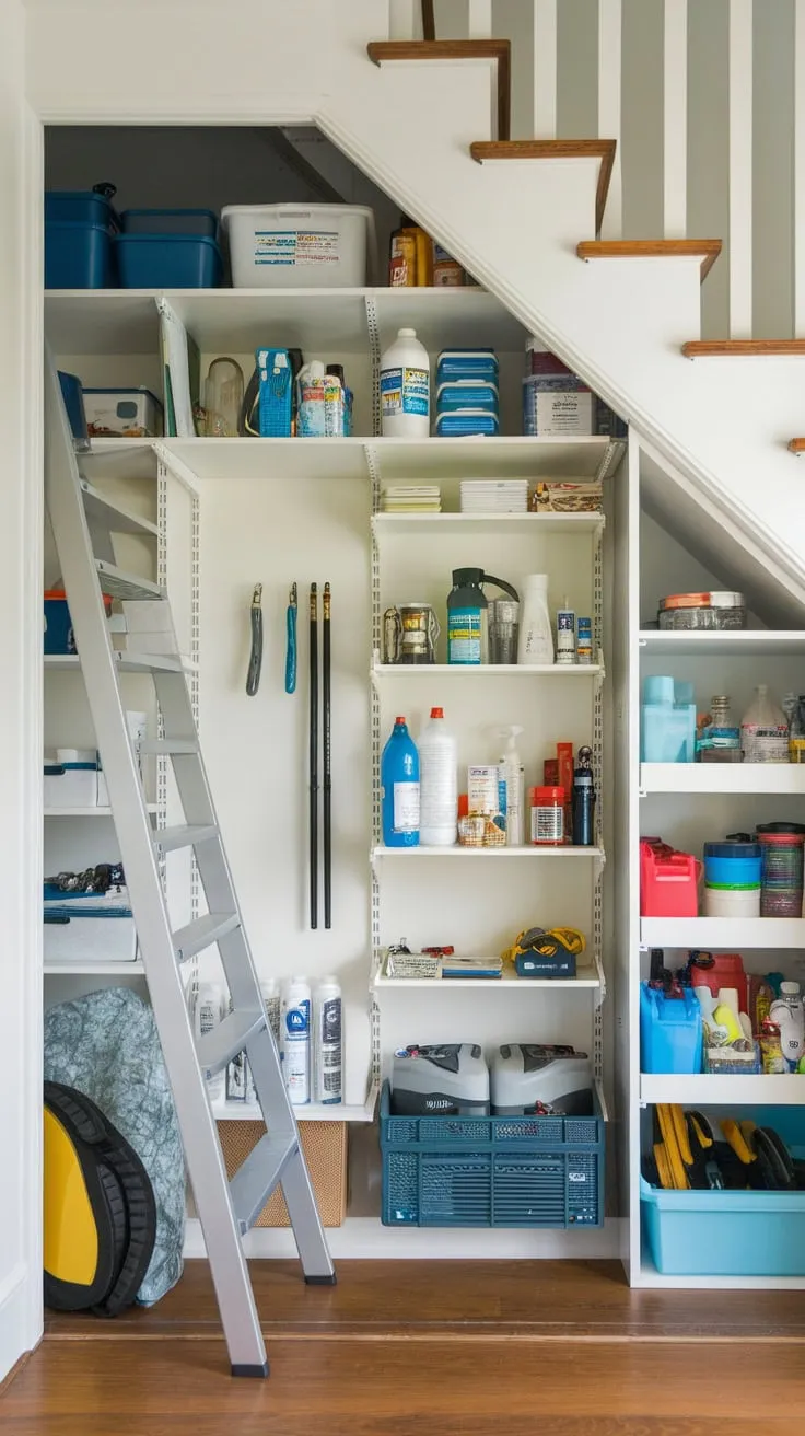 A well-organized timber-floored under-stair storage room boasts a wall-mounted cabinet, ladder, and neatly stored supplies