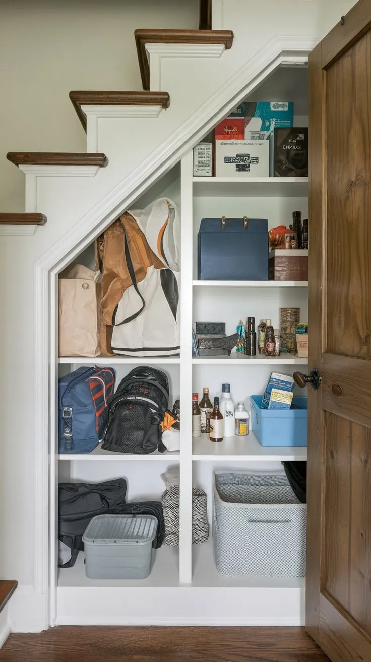 A charming white-walled storage room under the stairs, accessed through a wooden door, boasts a deep, multi-shelved cabinet brimming with bags, boxes, and bottles