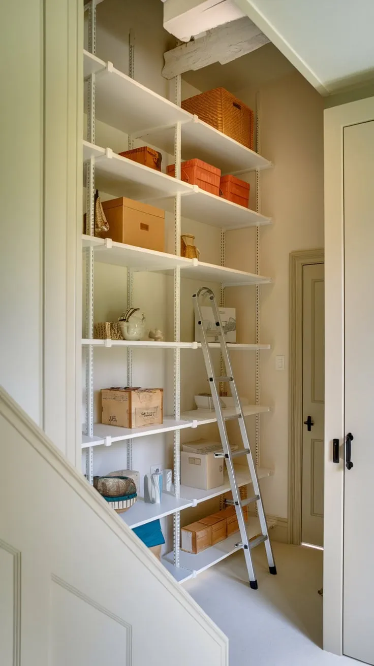 Neatly organized under-stair storage offers ample shelving and easy access via a ladder.