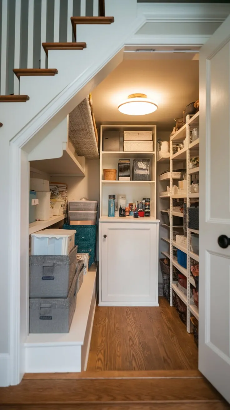 A well-organized under-stair storage room boasts ample space, a cabinet, wood flooring, and its own door and light.