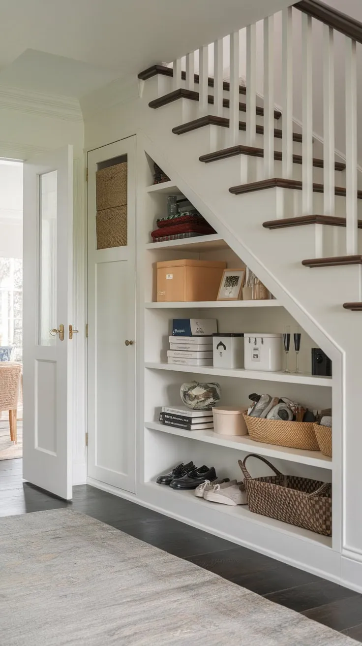 Neatly tucked under the stairs, a bespoke storage system maximizes space with deep shelves and a cabinet in a charming white room.