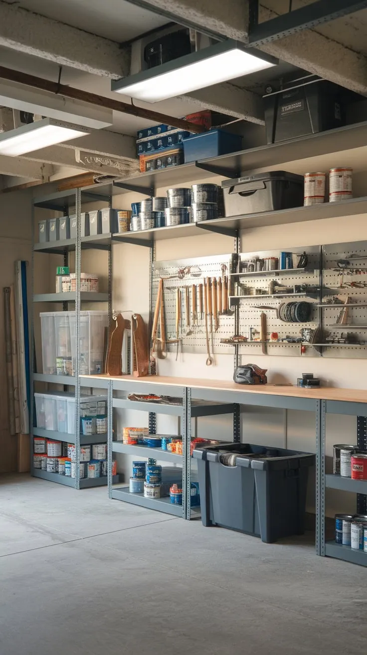 A bright storage room boasts a garage organization system featuring shelves, a tool rack, workbench, and ample space for tools, paint, and supplies.