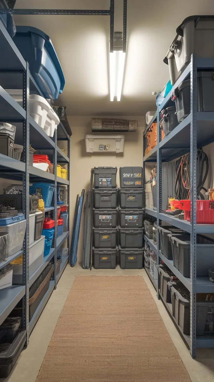 A well-organized storage room designed like a garage offers ample space and bright lighting for tools, equipment, and household items neatly stored in containers and on shelves, all atop a soft rug.
