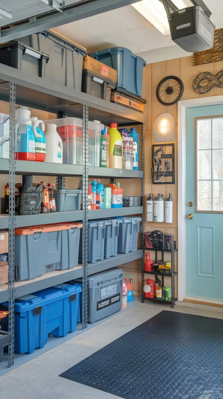 This garage storage room, complete with shelves, containers, and a rubber floor, efficiently stores tools, chemicals, and equipment.