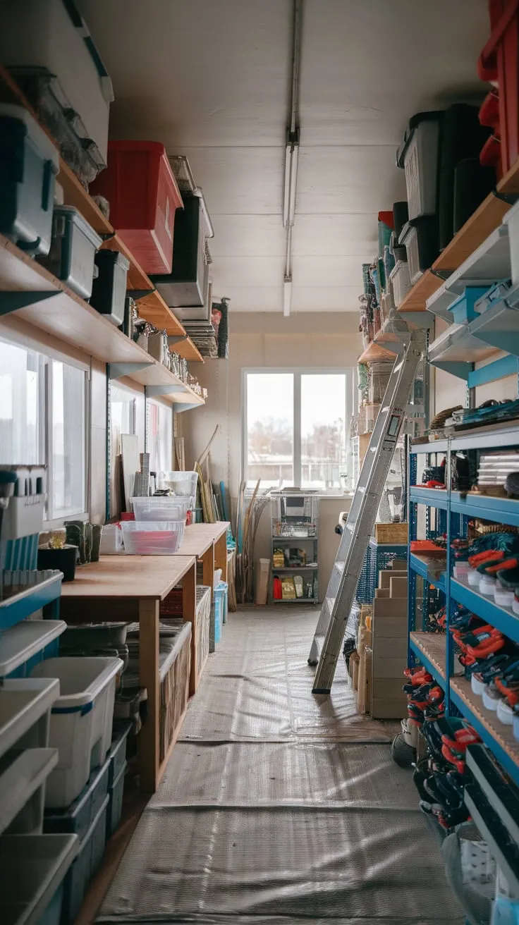 A well-organized storage room boasts ample shelving, a workbench, and bright windows, showcasing its practicality and efficiency.