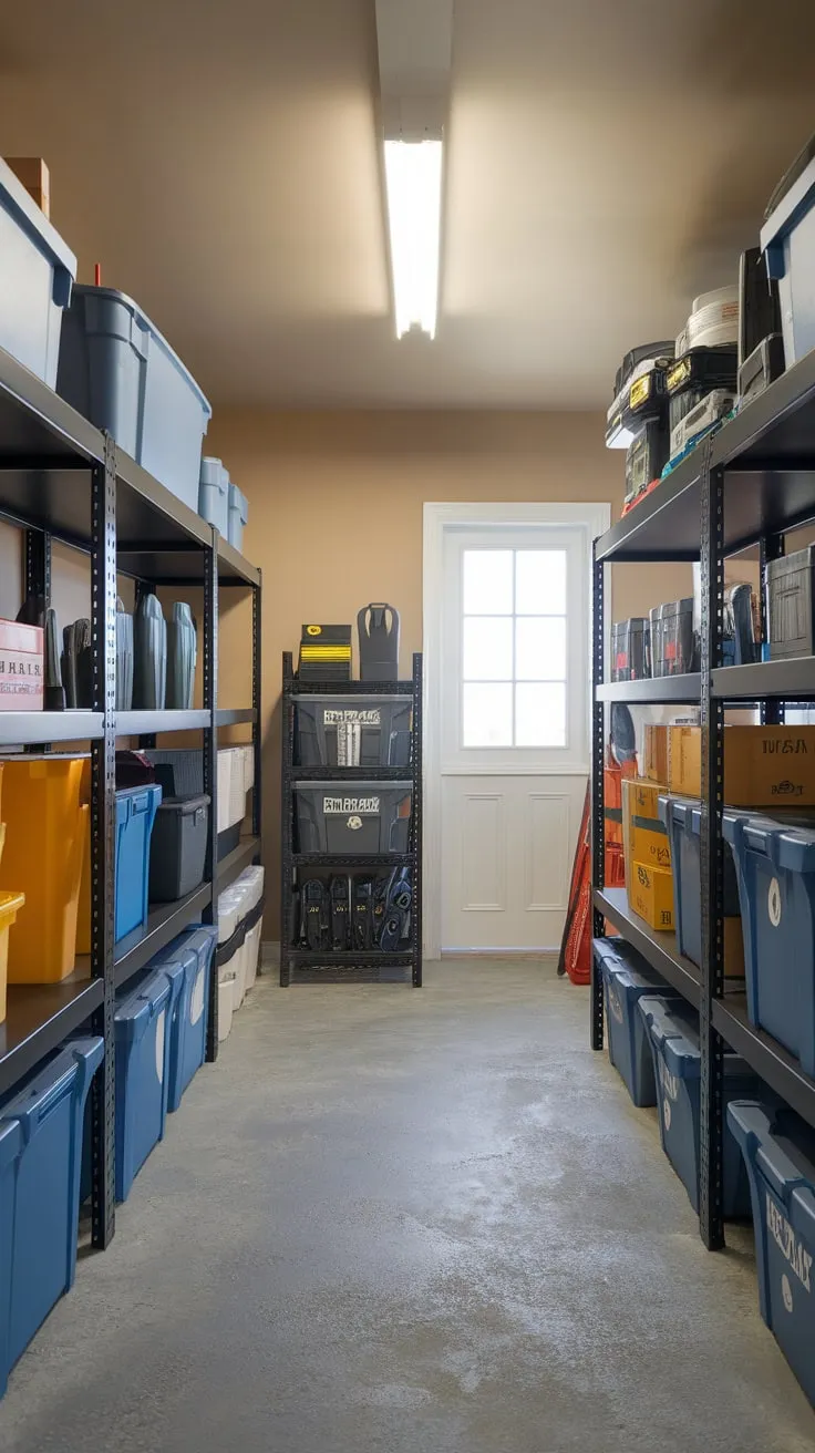 Well-organized storage containers and shelves efficiently utilize space in a bright, garage-style storage room with a concrete floor and beige walls.