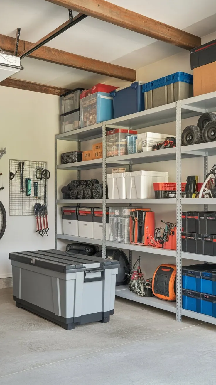 Neatly arranged tools, sports gear, and other items fill a bright, efficiently designed storage room with garage-style features.