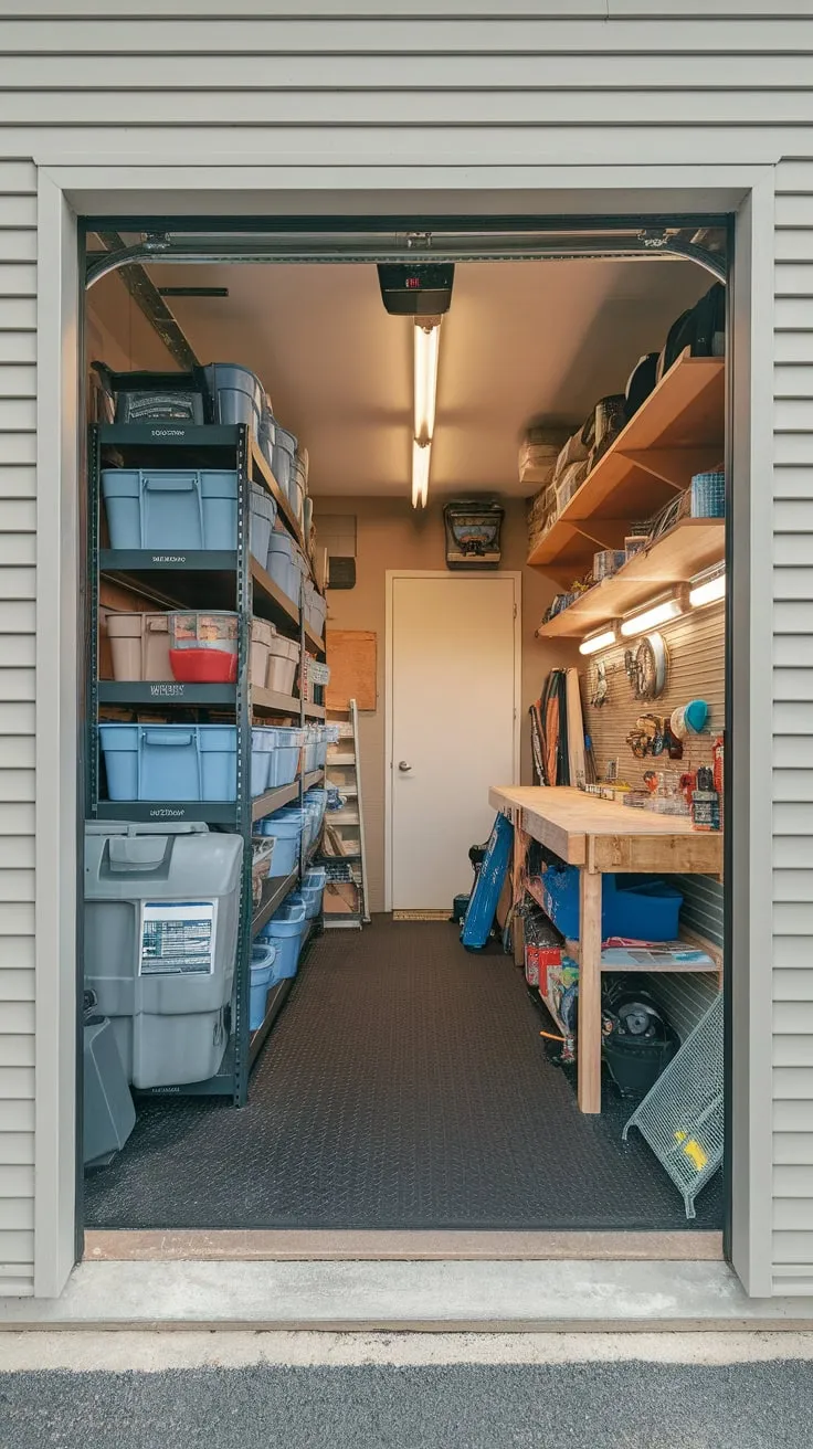 A garage's dedicated storage room maximizes space with shelving, a workbench, and practical flooring, ensuring easy access to tools and supplies.