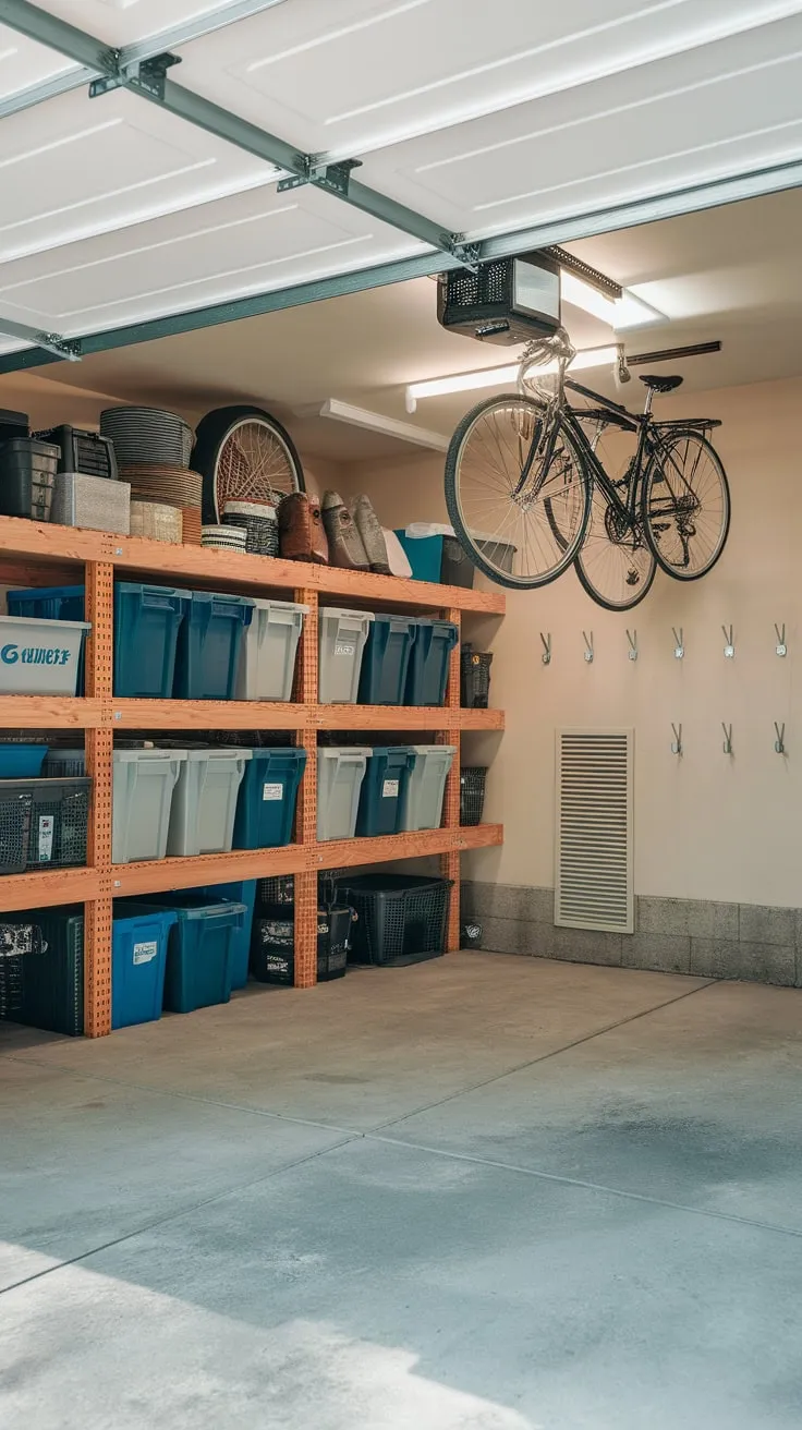Well-lit concrete garage offers efficient storage solutions including shelves, containers, and ceiling bike storage.