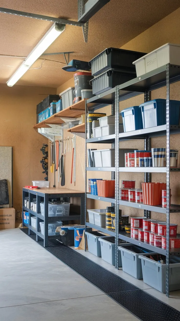 Well-organized garage storage maximizes space with shelves, a workbench, and numerous containers neatly arranged on a rubber mat in a bright, textured-wall room.