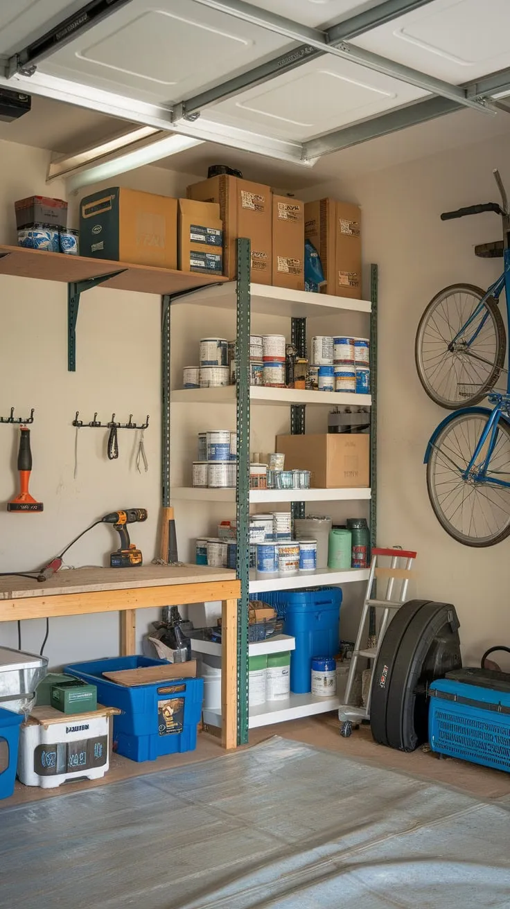 A cluttered yet organized garage storage room boasts tools, paint, a workbench, and a bike, all neatly arranged amidst shelves and hooks.