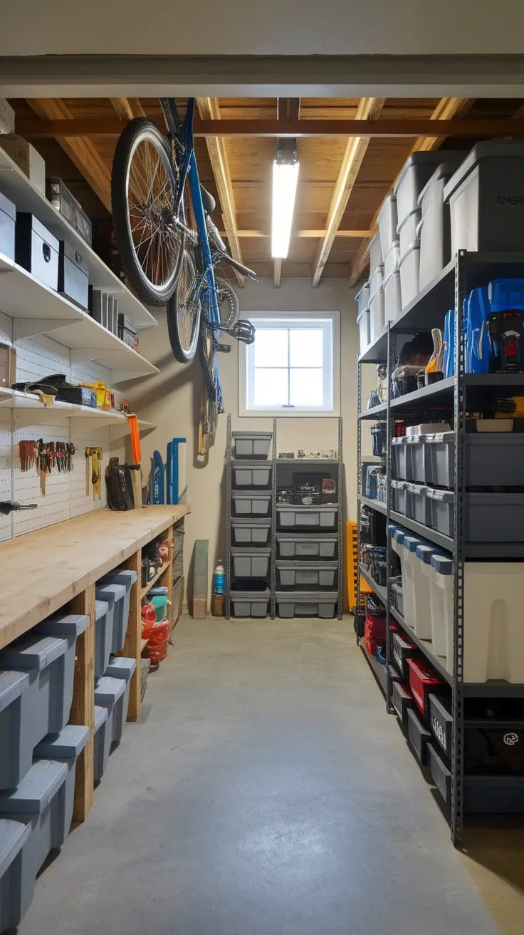 A well-lit basement storage room maximizes space with shelves, a workbench, hanging storage, and floor-to-ceiling containers, cleverly organizing tools, boxes, and bicycles.