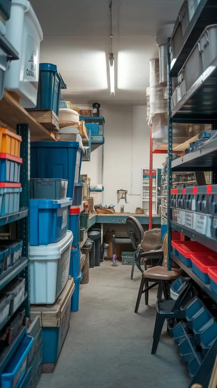 A brightly lit storage room boasts diverse containers, shelves, a workbench, and seating amidst a concrete floor.