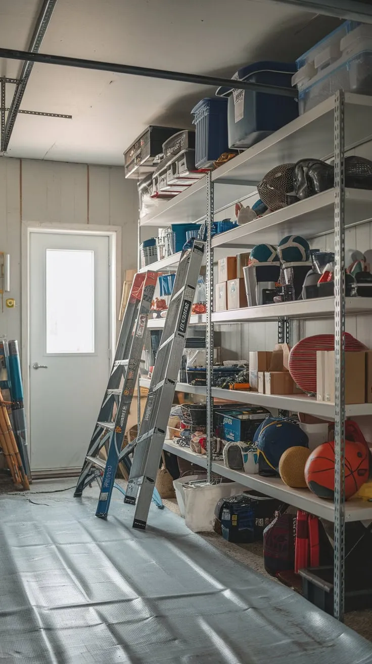 A garage's storage room, crammed with tools, equipment, and boxes, awaits organization.