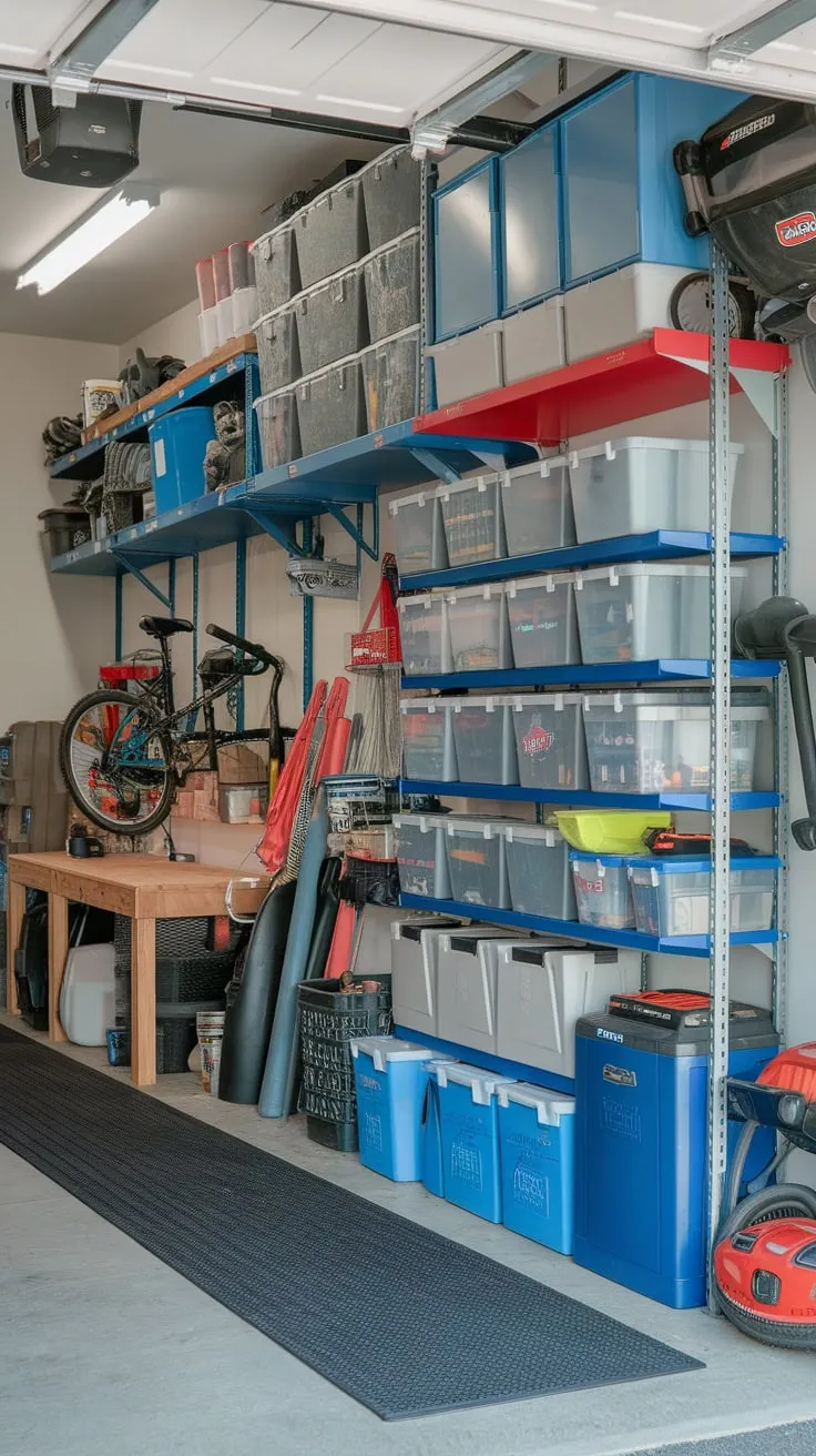 A cluttered yet organized garage boasts overflowing storage containers, shelves laden with tools and equipment, and a workbench, all secured by a rubber matted floor.