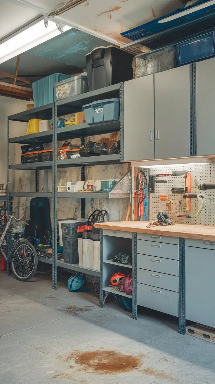 Well-lit and functional, this storage room maximizes space with shelves and cabinets housing tools, a bike, and other items, though needing some cosmetic repair.
