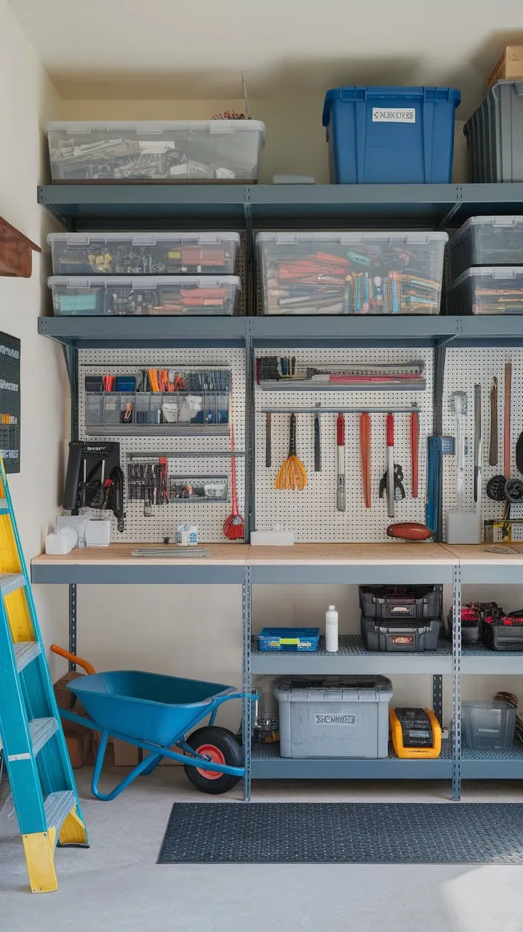 A clean and efficient storage room design integrates shelving, workbench, and pegboard to neatly house tools, supplies, and equipment in a garage-like setup.