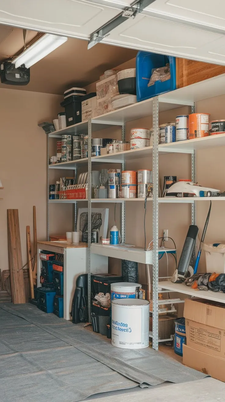 A cluttered garage storage room, with a workbench and shelves holding assorted items, sits under a beige ceiling.