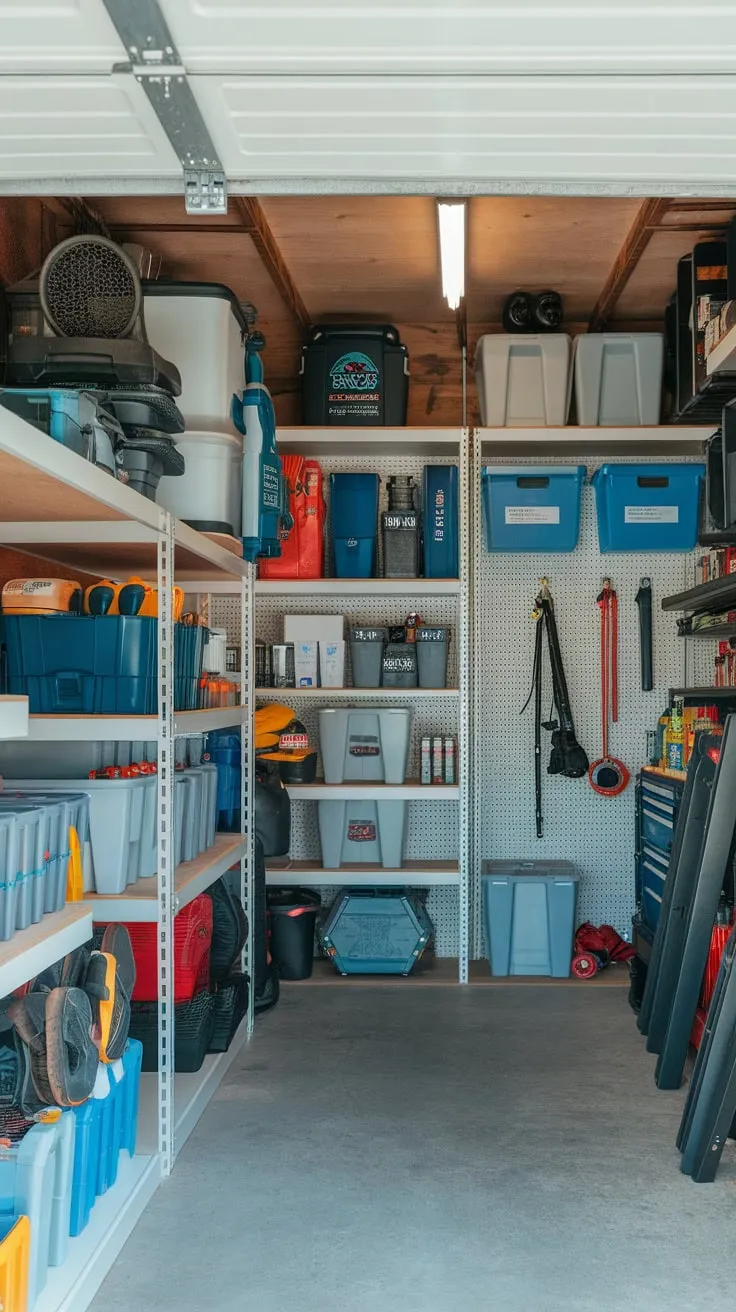 A brightly lit garage storage room maximizes space with shelves, containers, and hooks, neatly organizing tools, equipment, and household items.