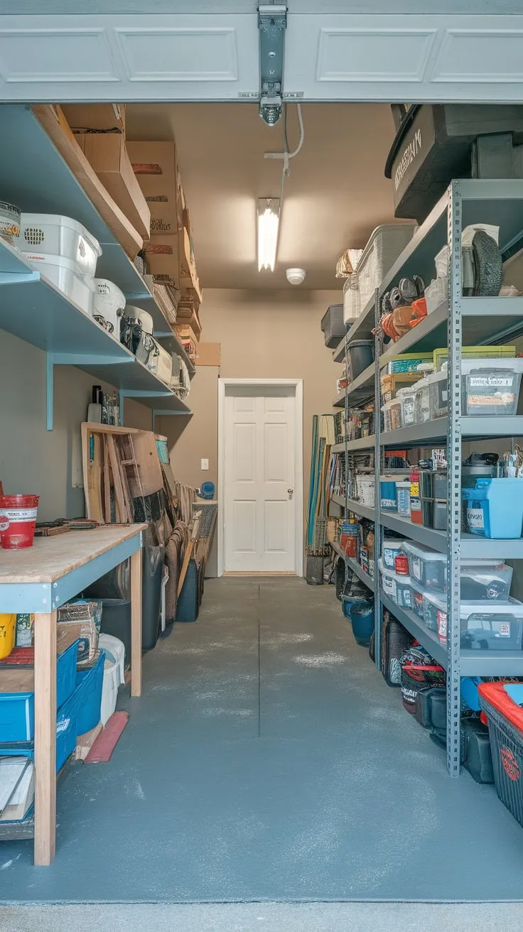 Brightly lit and efficiently organized, the garage storage room offers a practical workspace with plentiful storage for tools and various items.