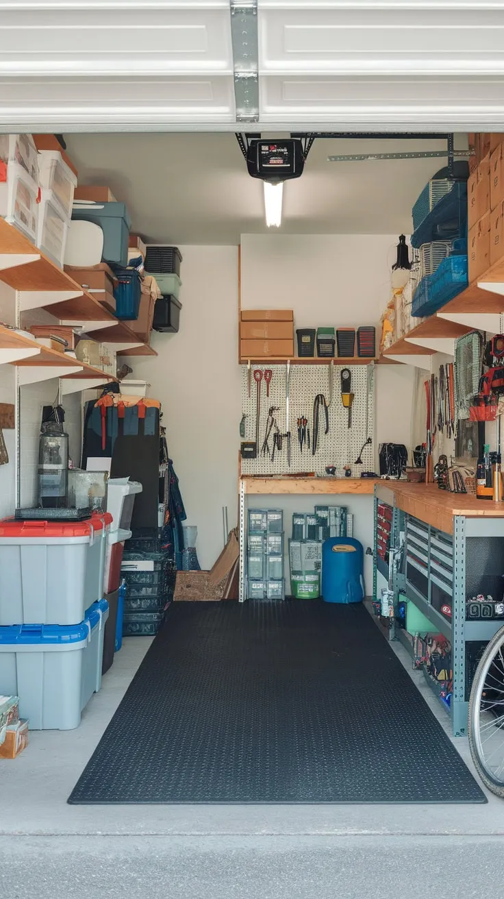 This garage's versatile storage setup, from shelves to workbench, efficiently utilizes space for tools, equipment, and more.