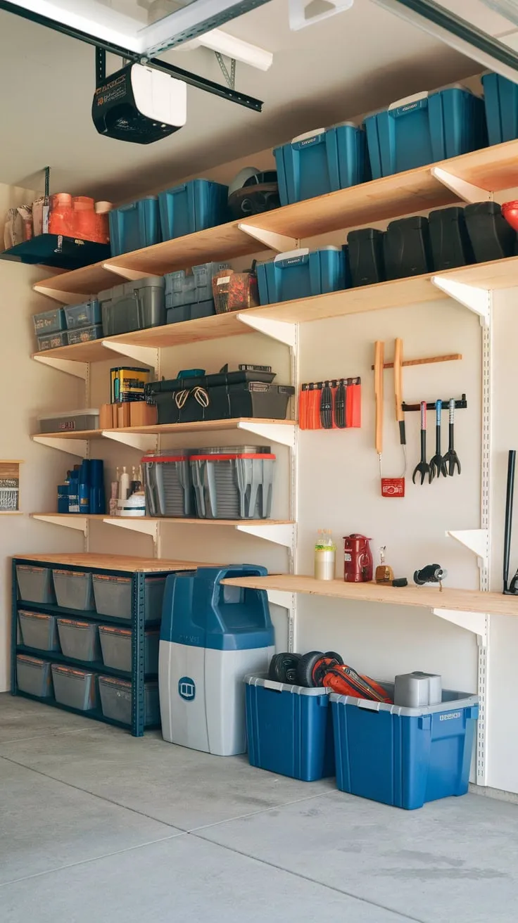 A budget-friendly garage storage room boasts DIY shelves, a workbench, and organized containers holding tools, sports gear, and household items