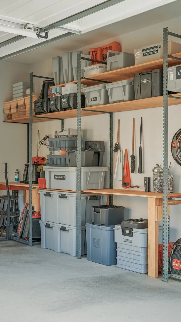 This cleverly designed storage room maximizes space using a mix of DIY and retail solutions, transforming a garage into an efficient workshop and storage area.