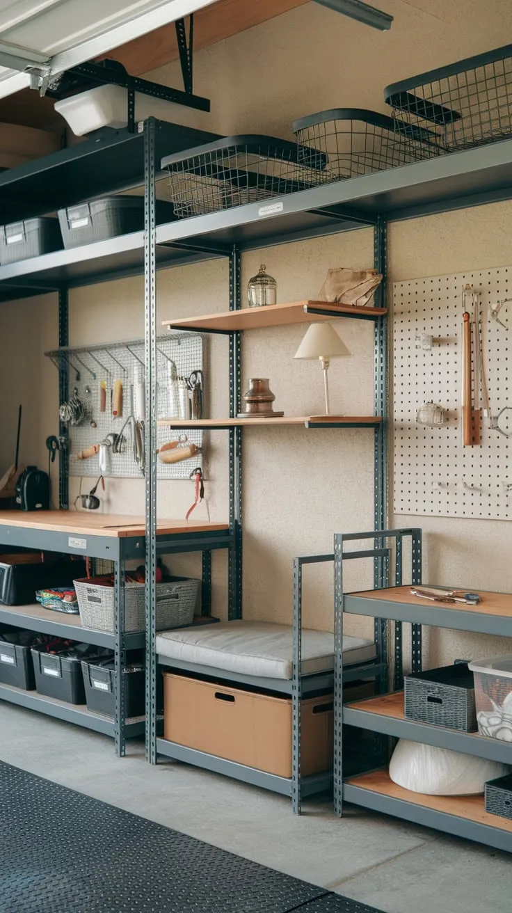 This textured-wall garage offers diverse storage solutions including metal shelving, a cushioned bench, and a practical workbench, maximizing space and functionality.