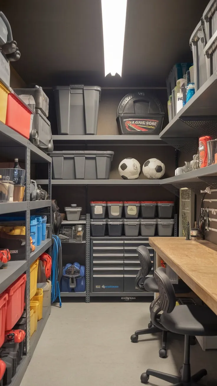 A brightly lit storage room boasts a garage-style layout, complete with shelves, workbench, and ample space for tools, sports gear, and household items.