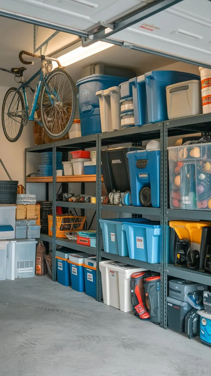 A cluttered garage storage room overflows with containers, shelves, and ceiling-hung bicycles on a concrete floor