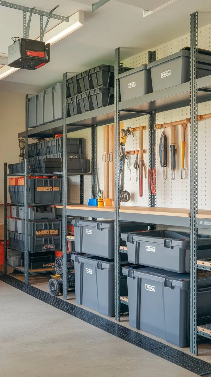 A garage storage room design maximizes space with containers, shelving, a workbench, wall hooks, and floor protection.