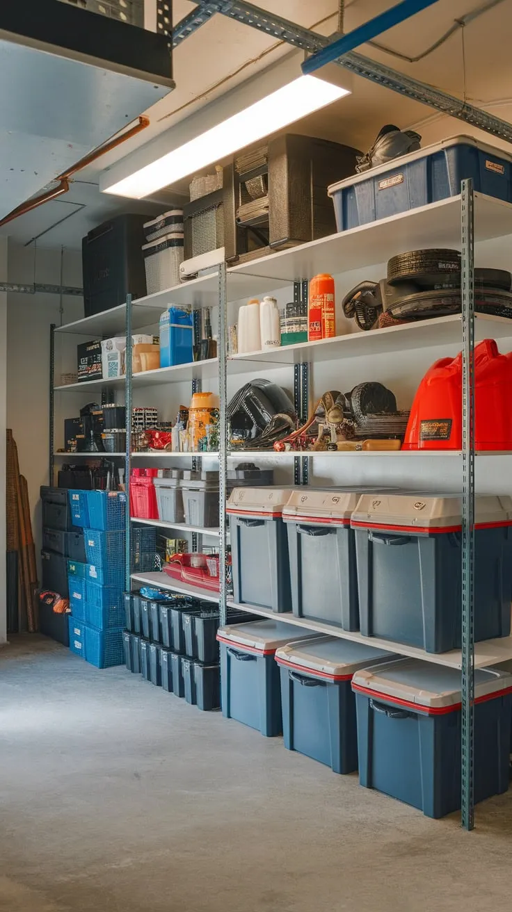 A brightly lit storage room boasts organized shelves overflowing with tools, auto parts, and household goods, maximizing space with diverse containers.