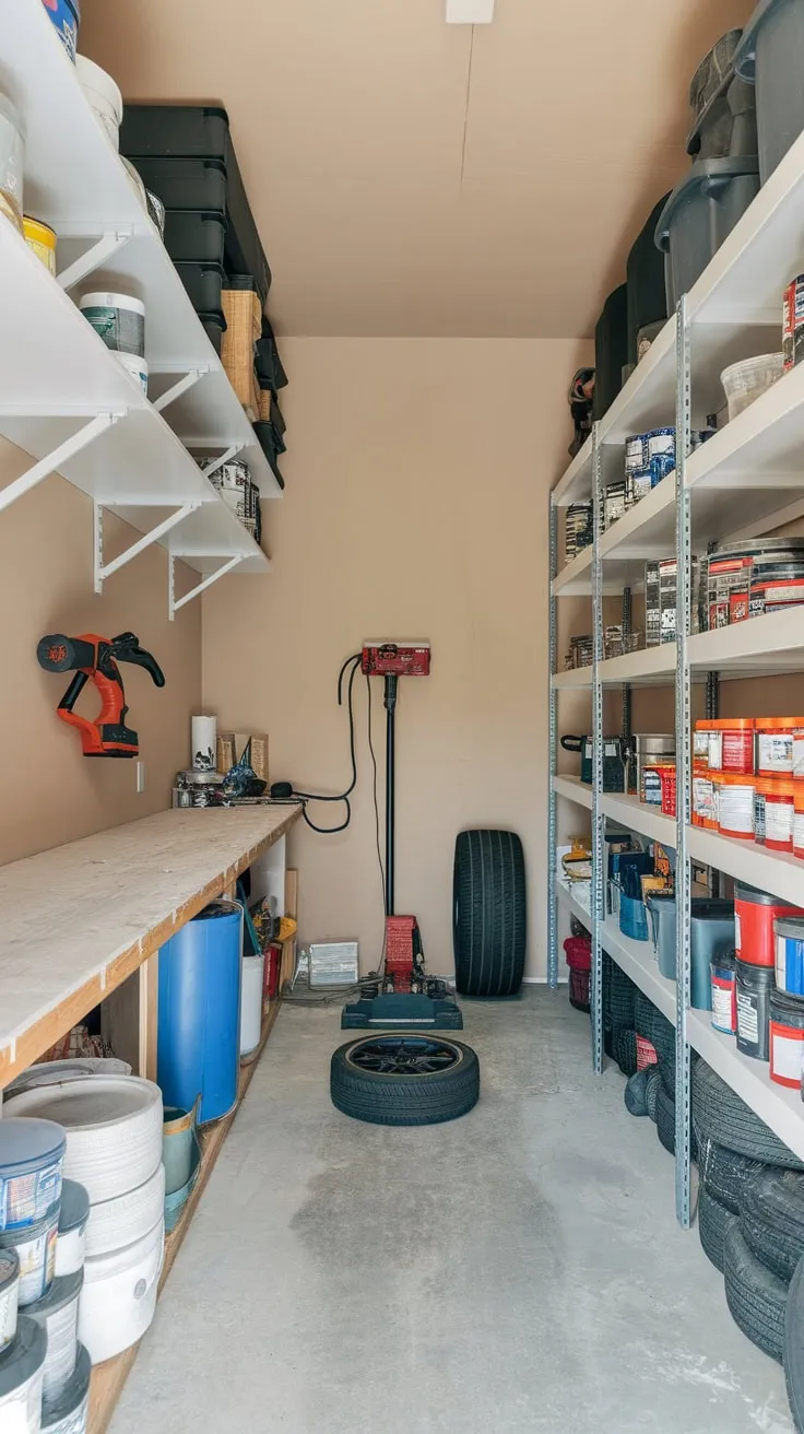 This well-organized storage room combines workshop functionality with ample space for tools, paint, and automotive supplies.