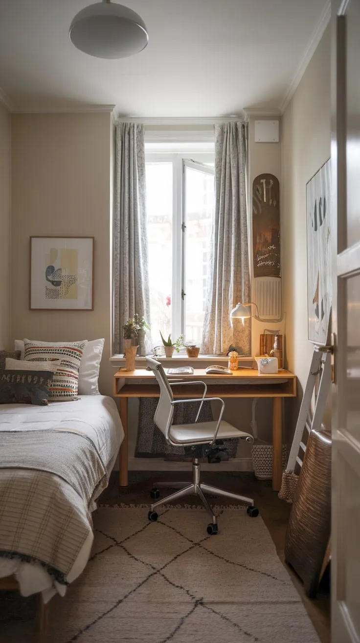 A light and airy study room offers a comfortable bed and workspace, perfect for focused work and restful sleep.